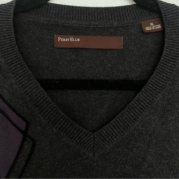 Perry Ellis charcoal grey purple black argyle design cotton sweater XL - Picture 2 of 4